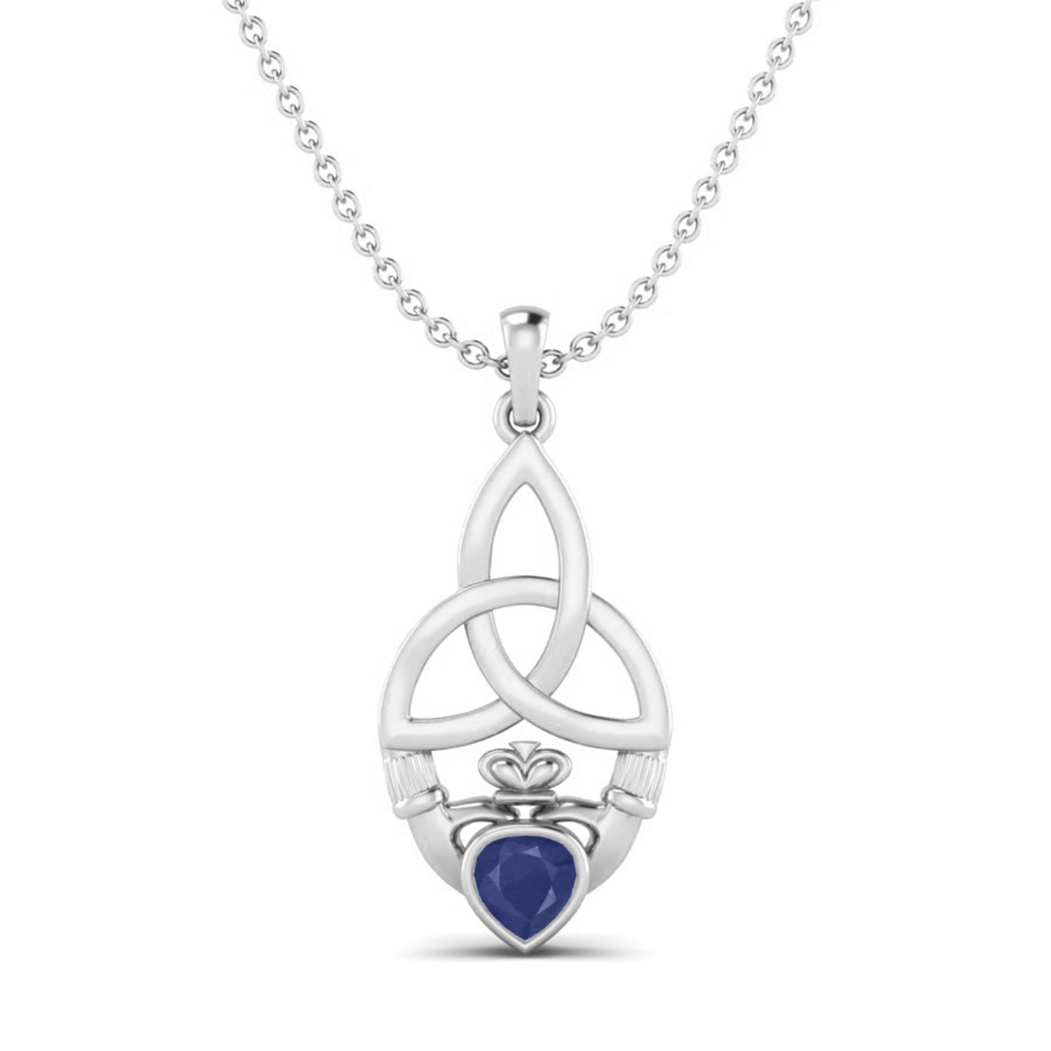 Blue Sapphire 0.50 Ct Heart Celtic Knot Claddagh Necklace - 14k Yellow Gold-2