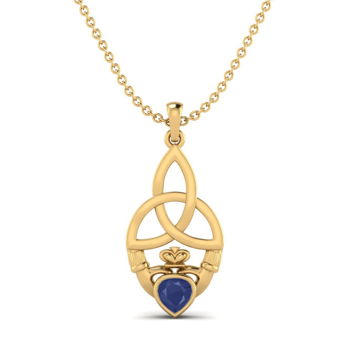 Blue Sapphire Heart Claddagh Pendant - 9K Yellow Gold-0