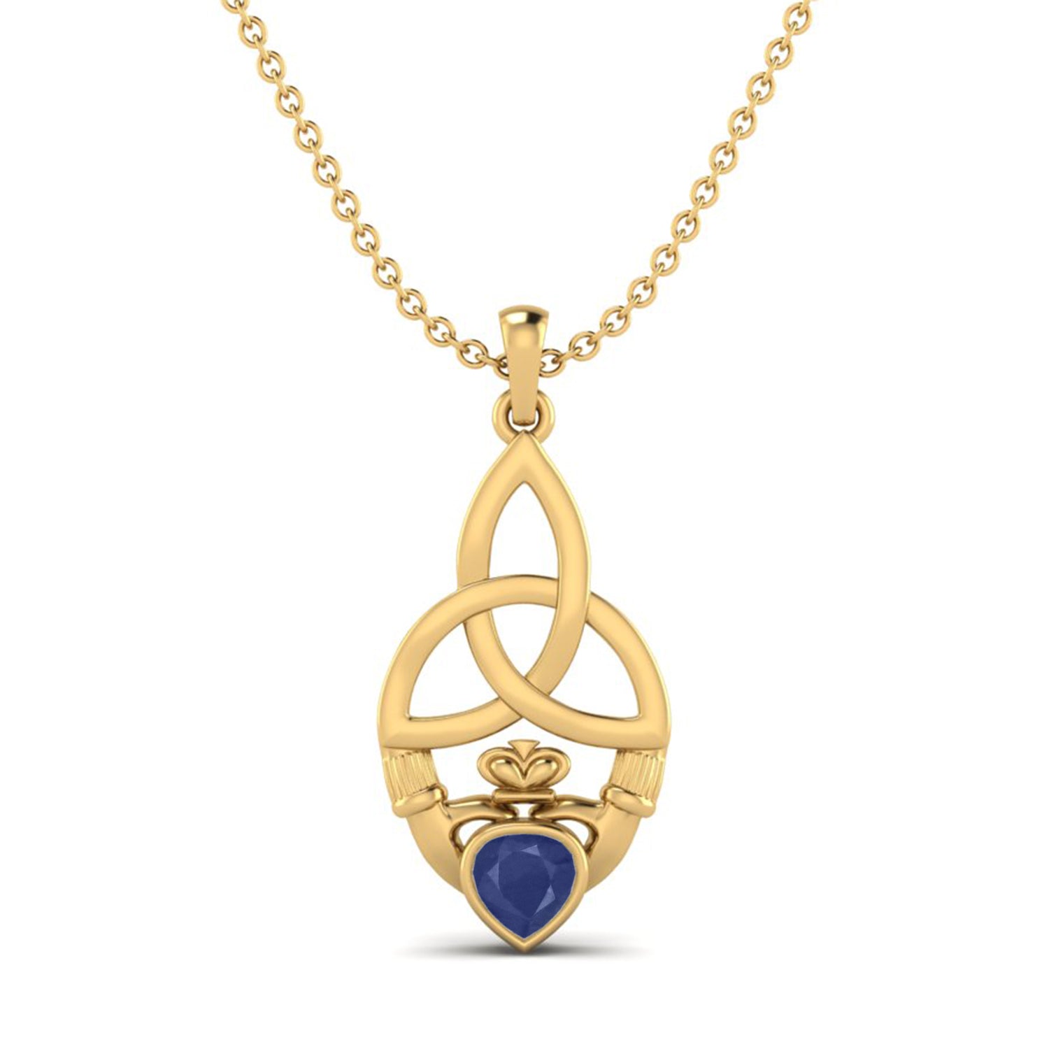Blue Sapphire Heart Claddagh Pendant - 9K Yellow Gold-0
