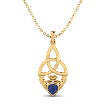 Blue Sapphire Heart Claddagh Pendant - 9K Yellow Gold-0