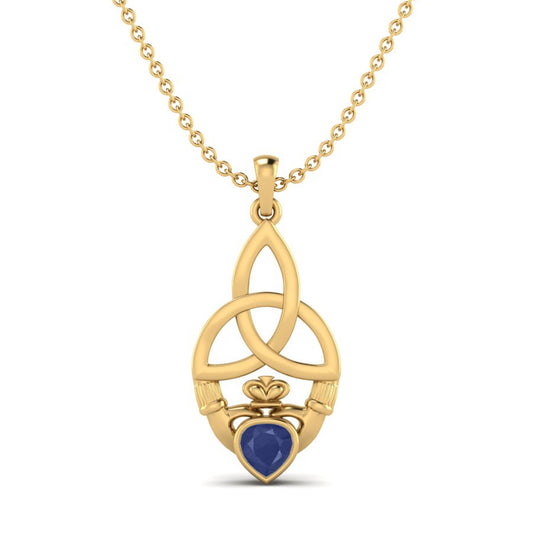 Blue Sapphire Heart Claddagh Pendant - 9K Yellow Gold-0
