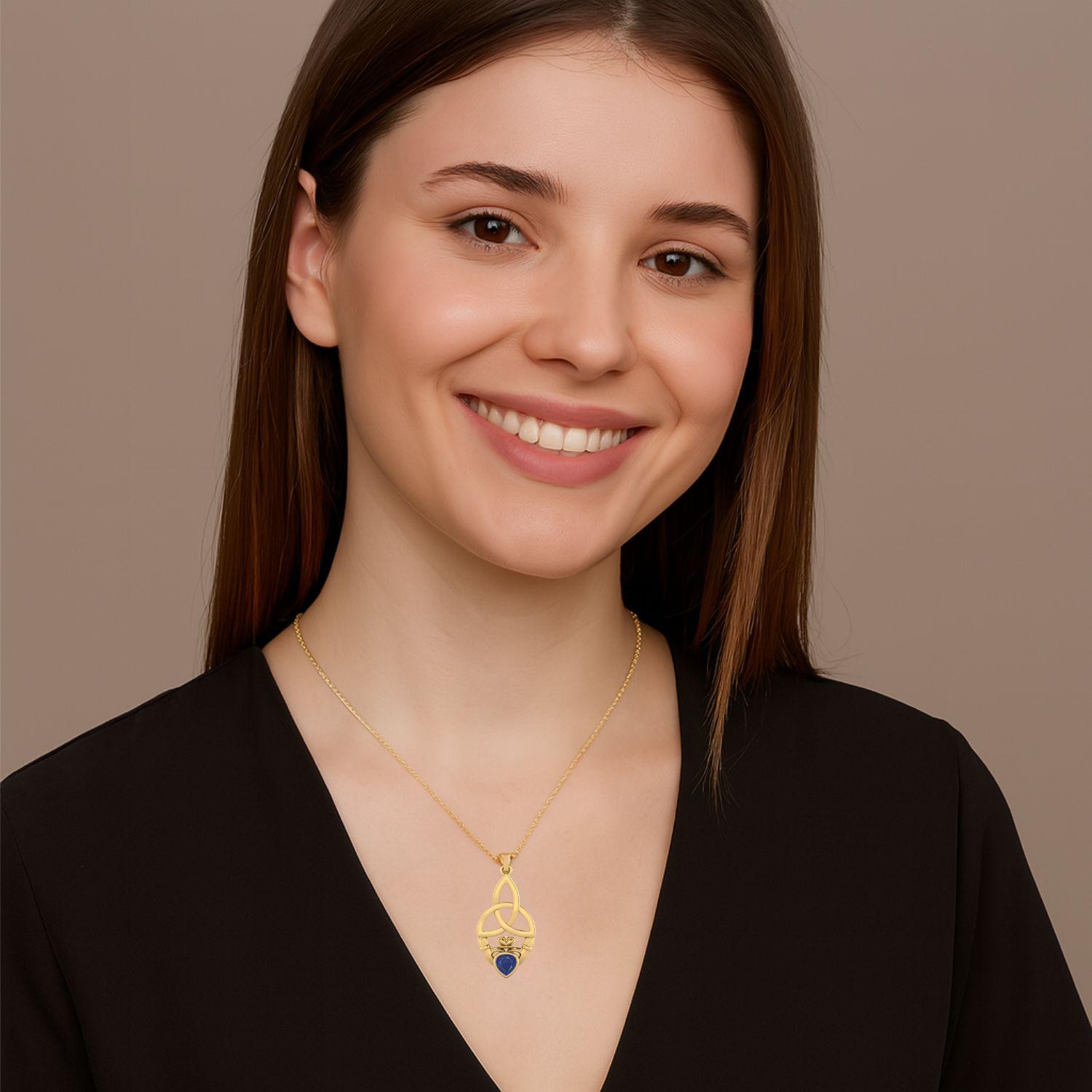 Blue Sapphire 0.50 Ct Heart Celtic Knot Claddagh Necklace - 14k Yellow Gold-1