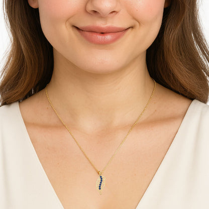 Blue Sapphire Leafy Design Necklace - 9K Yellow Gold-1