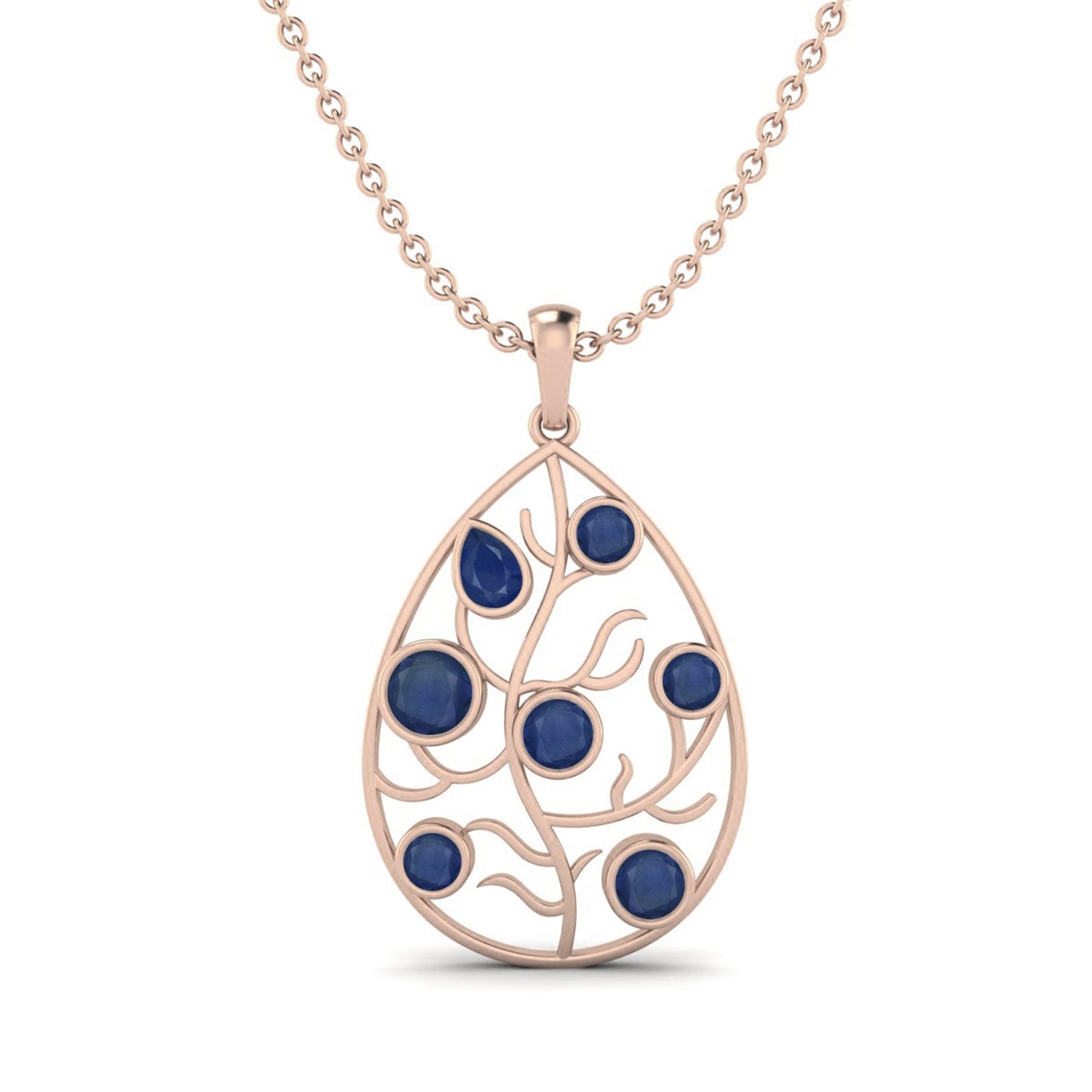 Blue Sapphire 3.80 Ct Pear Branch Teardrop Necklace - 14k Yellow Gold-5