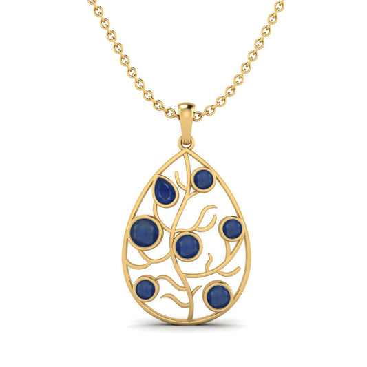 Blue Sapphire 3.80 Ct Pear Branch Teardrop Necklace - 14k Yellow Gold-0