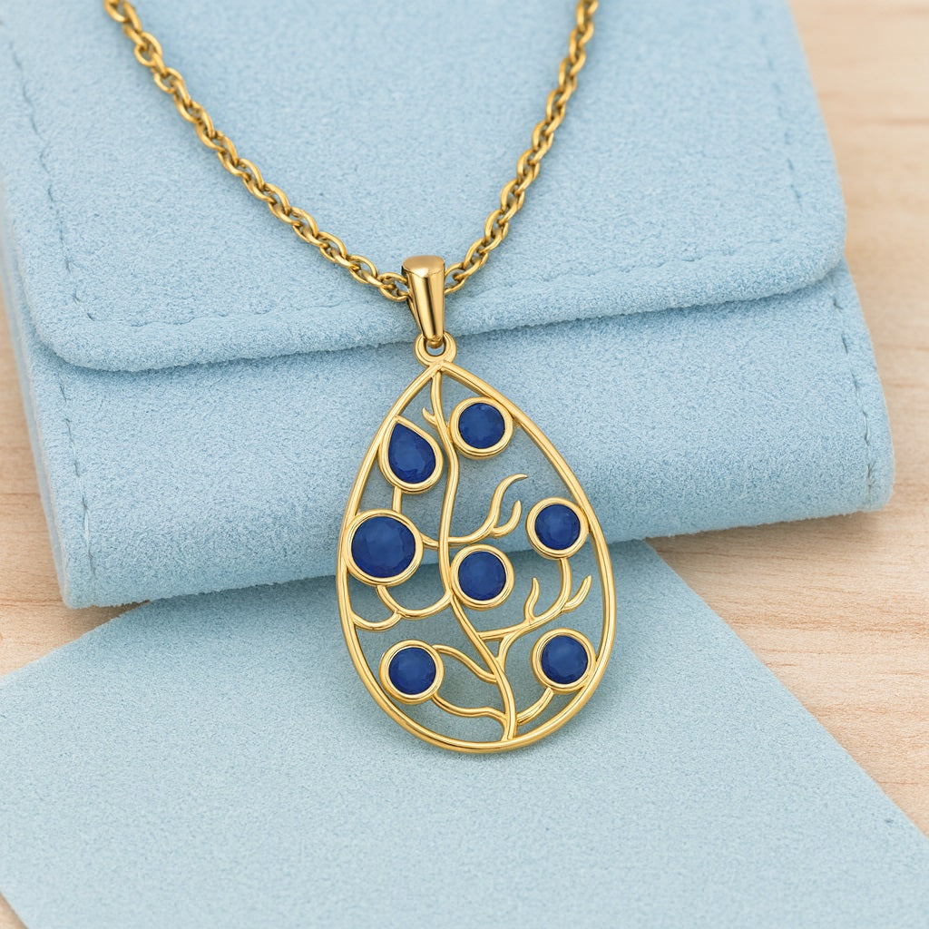 Blue Sapphire 3.80 Ct Pear Branch Teardrop Necklace - 14k Yellow Gold-2