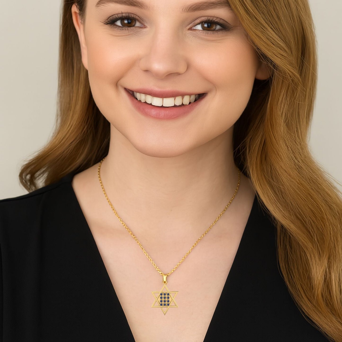 Blue Sapphire 0.60 Ct Round Star of David Necklace – 14k Yellow Gold-1