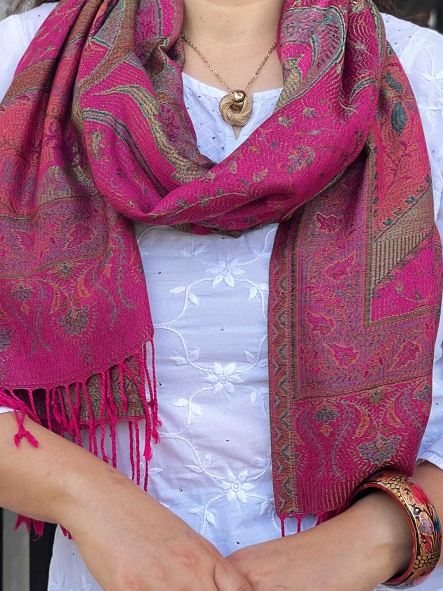 Fuschia Jamawar Pashmina Scarf-3