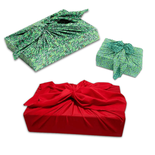 Set of 3 (S, L, XL) Reusable Cloth Furoshiki Gift Wrap | Christmas Trees & Bright Red-0