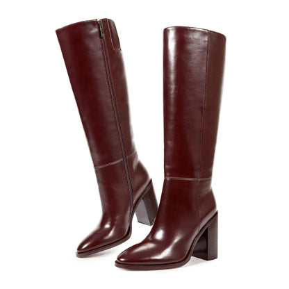 ISNOM Knee High Boots Women Pointed Toe Chunky Boots for Women Burgundy Tall Boots Side Zipper High Heel Long Boots Pu Leather Block Boots Fall Boots Size 7