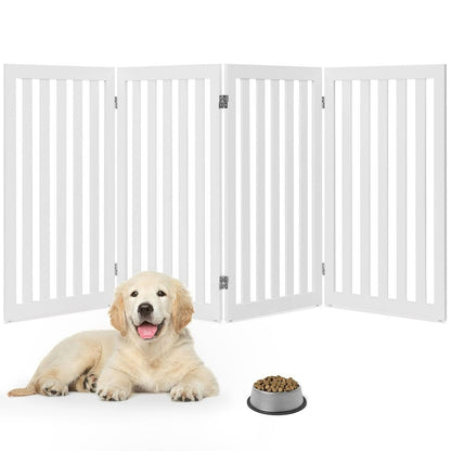 Folding 4-Panel Dog Gate Pet Fence in White Wood Finish-2