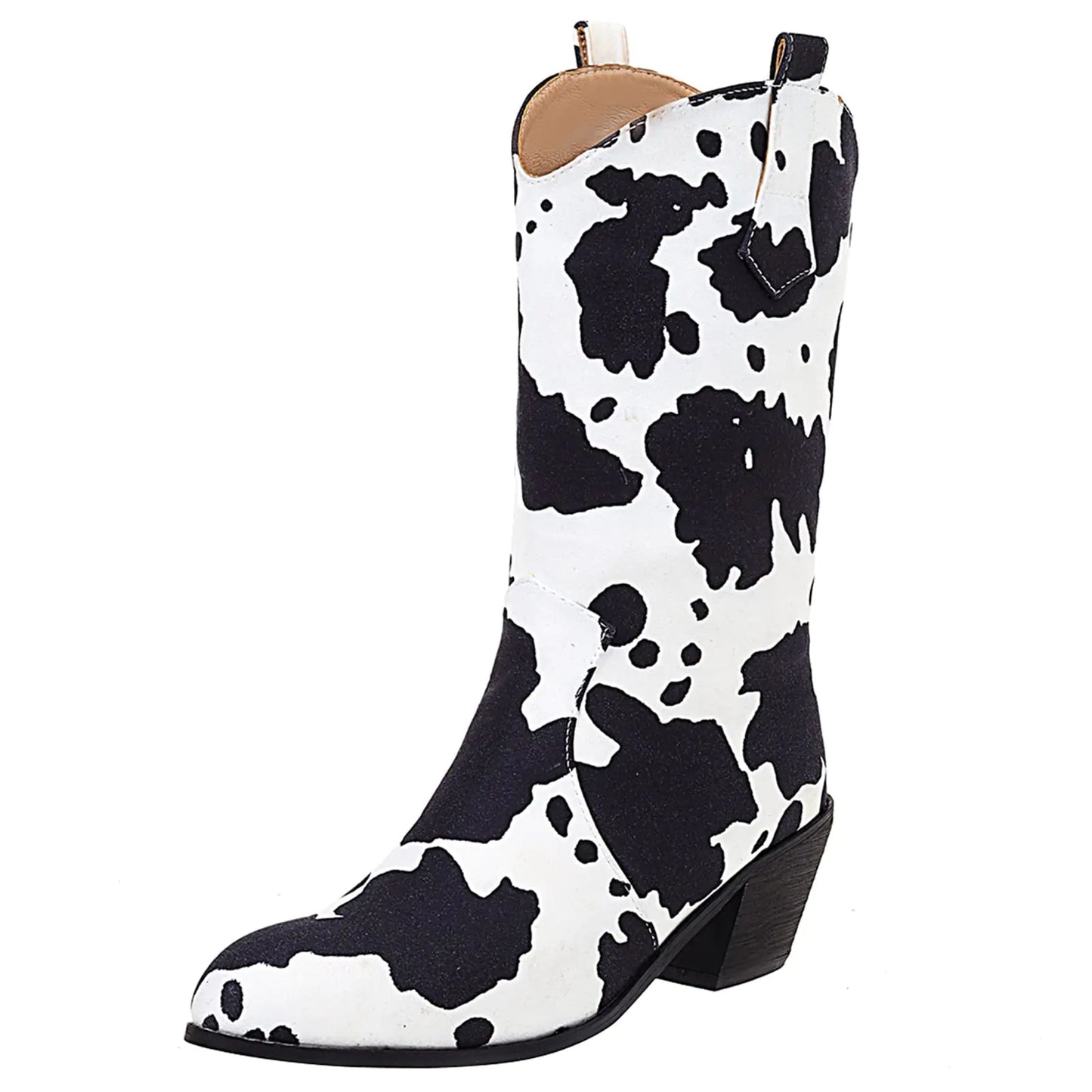 Cozivwaiy Women Cow Print Cowgirl Boots Chunky Heel Half Boots Almond Toe Western Boots Cow Print Pull on Cowgirl Boots Mid Calf Black Size 37 Asian