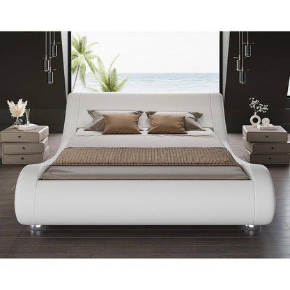 King Modern White Upholstered Platform Bed Frame with Sleigh Curved Headboard-2