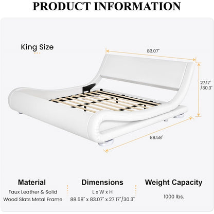 King Modern White Upholstered Platform Bed Frame with Sleigh Curved Headboard-4