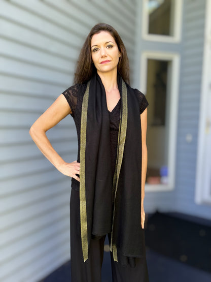 Black Wool and Silk Solid Scarf with Gold Glitter-0