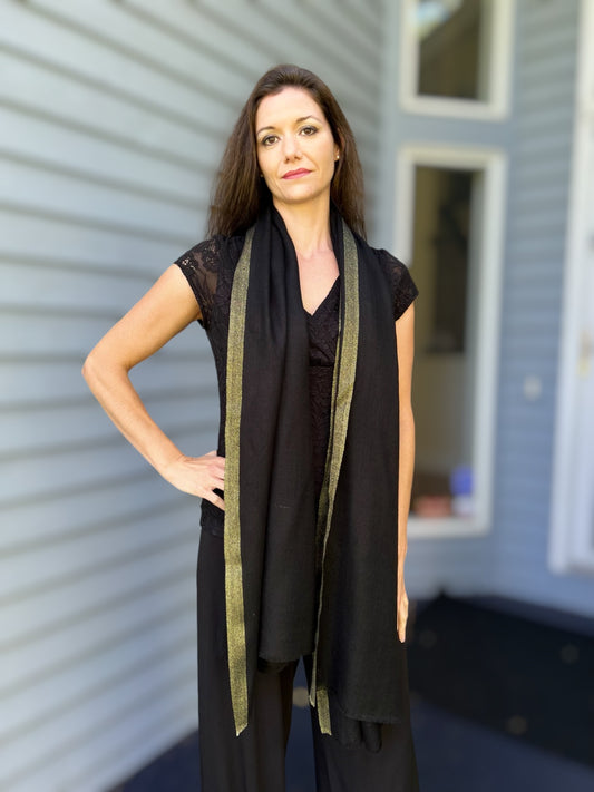 Black Wool and Silk Solid Scarf with Gold Glitter-0