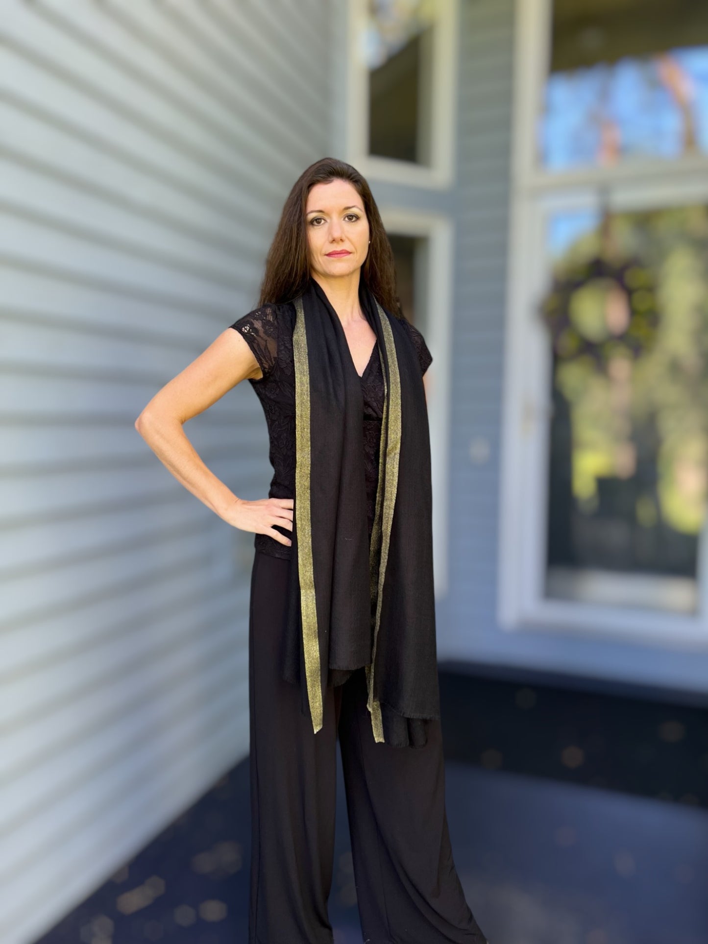 Black Wool and Silk Solid Scarf with Gold Glitter-1