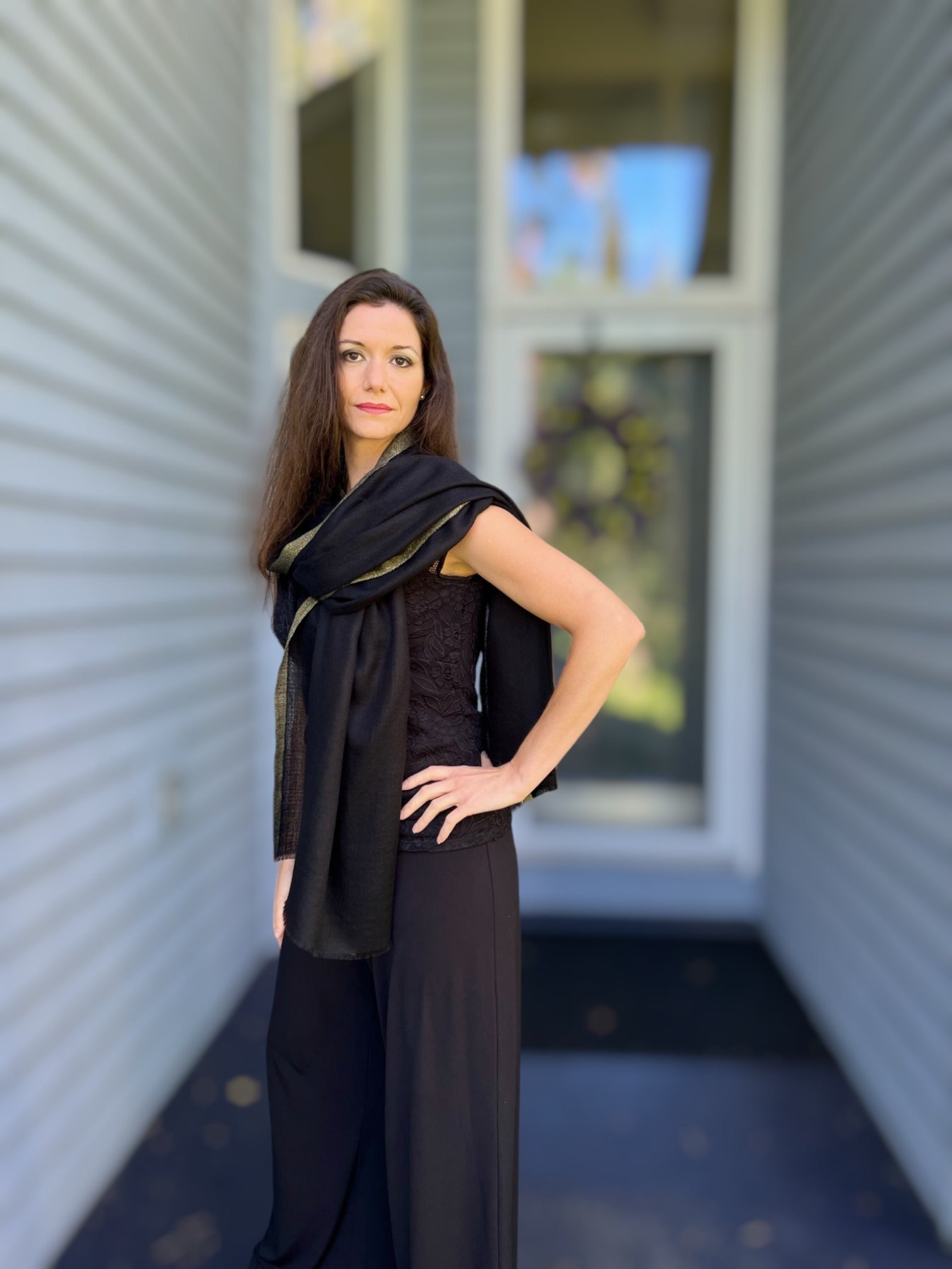 Black Wool and Silk Solid Scarf with Gold Glitter-2