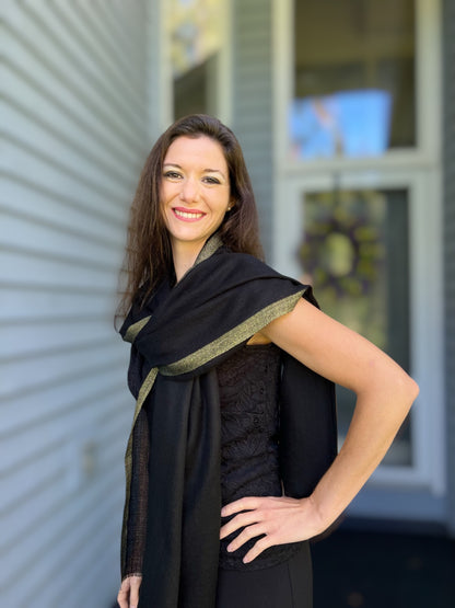 Black Wool and Silk Solid Scarf with Gold Glitter-3