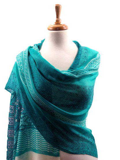 Green Hand Painted Wool And Silk Blend Scarf-6