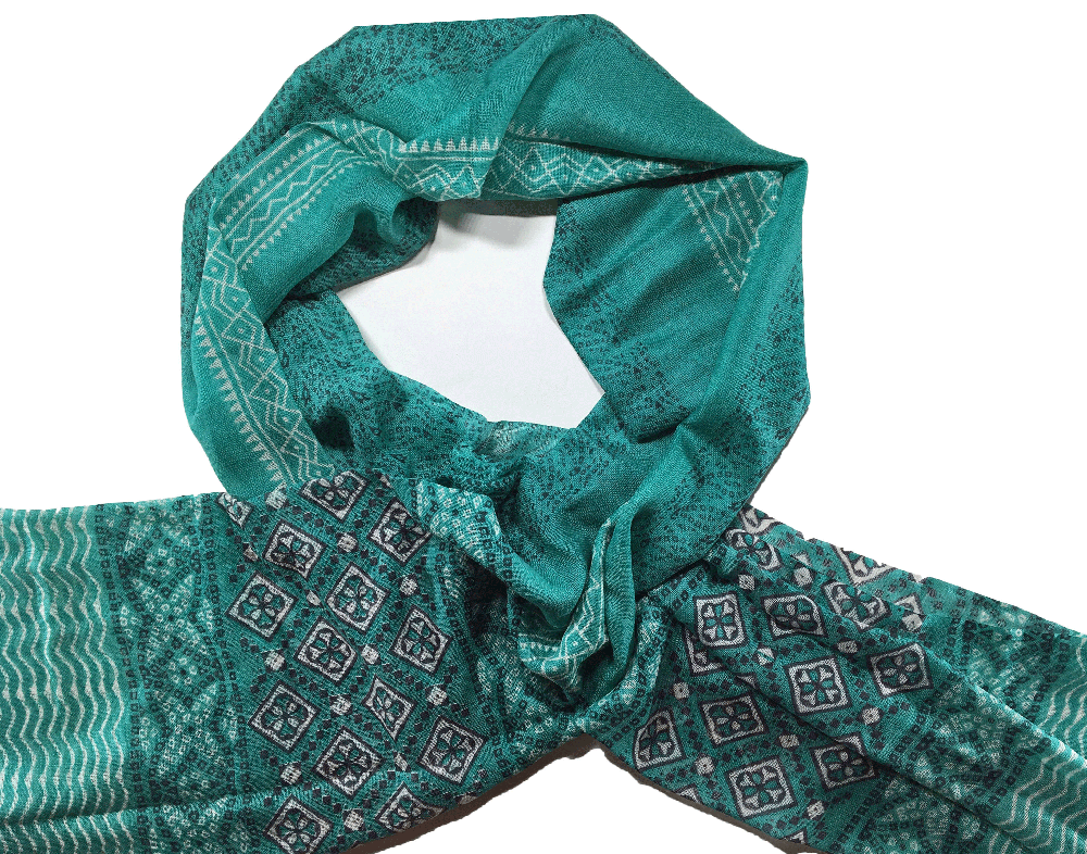Green Hand Painted Wool And Silk Blend Scarf-7