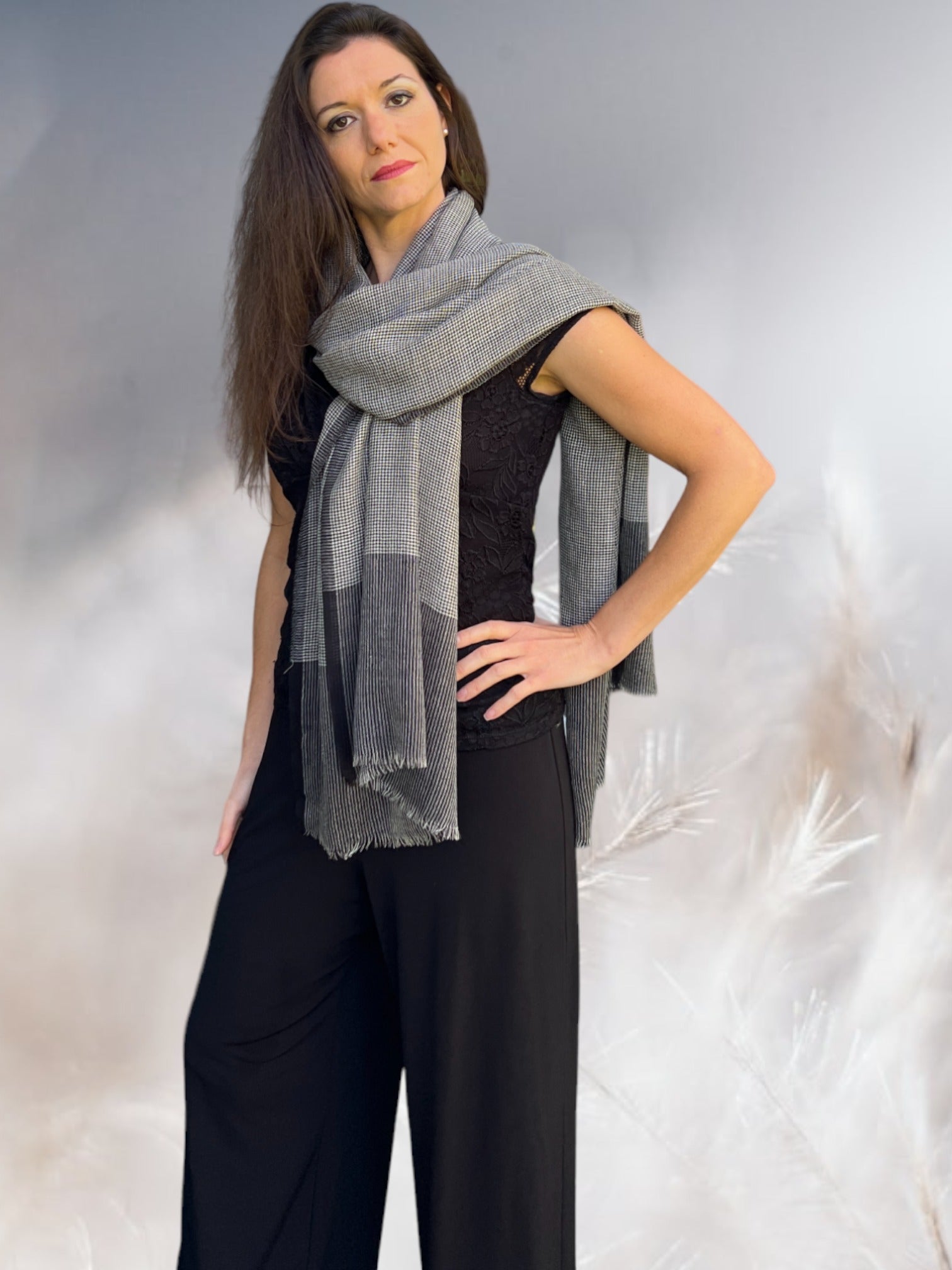 Black and White Gingham Check Scarf-3