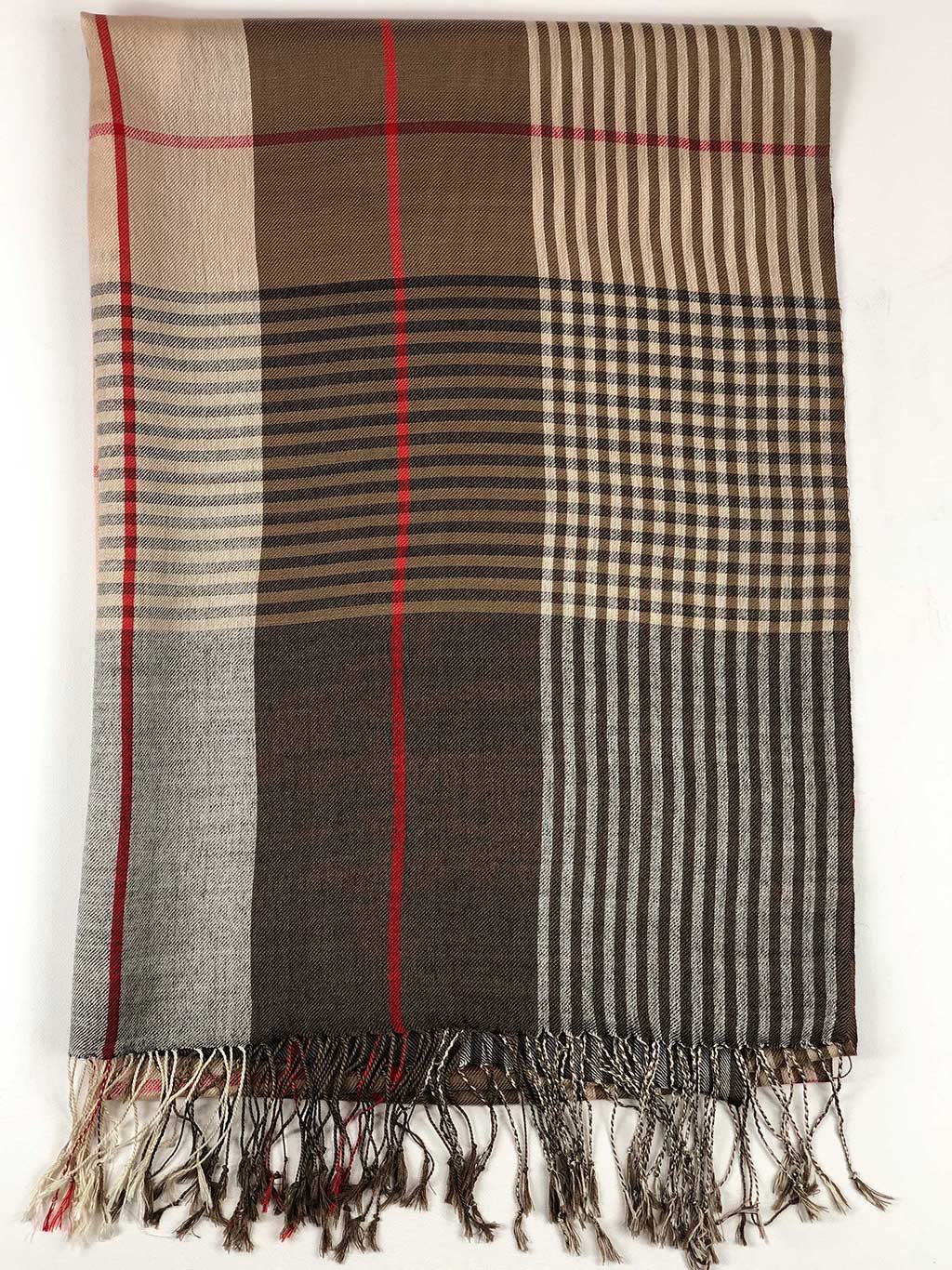 Hand loomed Brown Wool And Silk Check Scarf-4