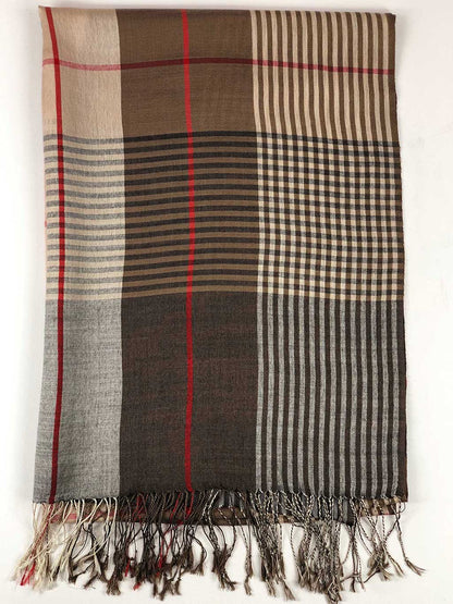 Hand loomed Brown Wool And Silk Check Scarf-4