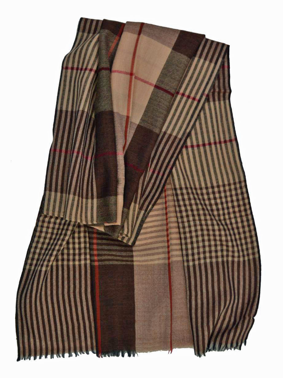 Hand loomed Brown Wool And Silk Check Scarf-3