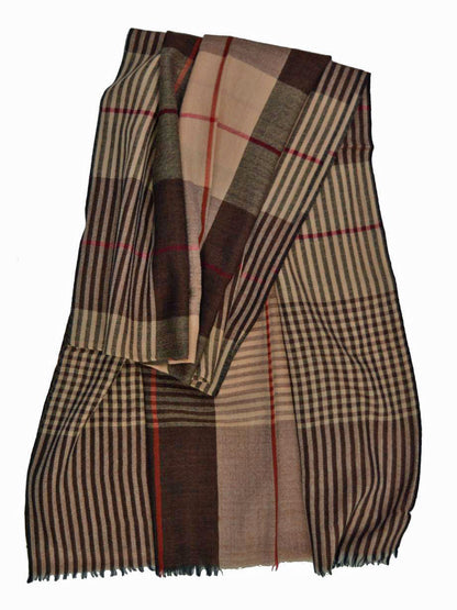 Hand loomed Brown Wool And Silk Check Scarf-3