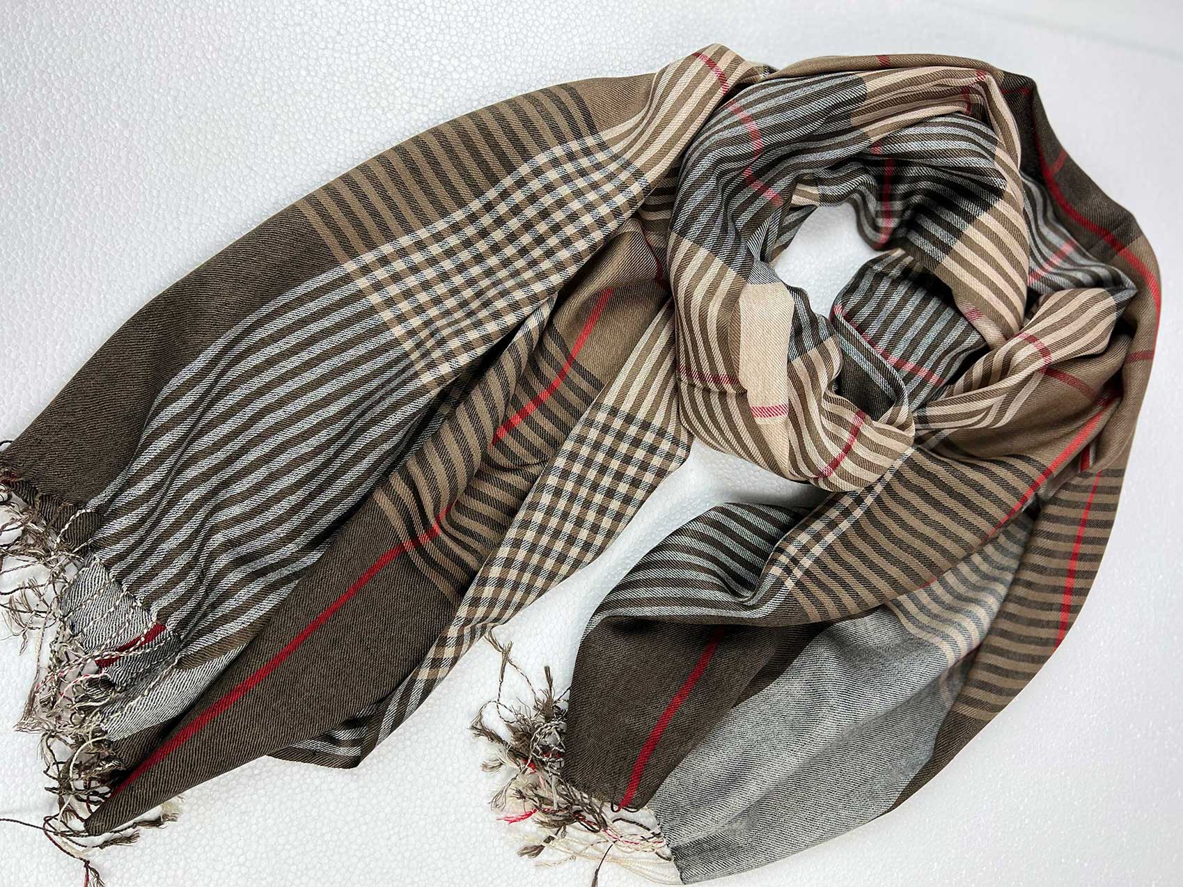 Hand loomed Brown Wool And Silk Check Scarf-2