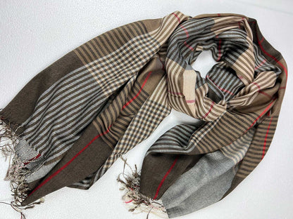 Hand loomed Brown Wool And Silk Check Scarf-2