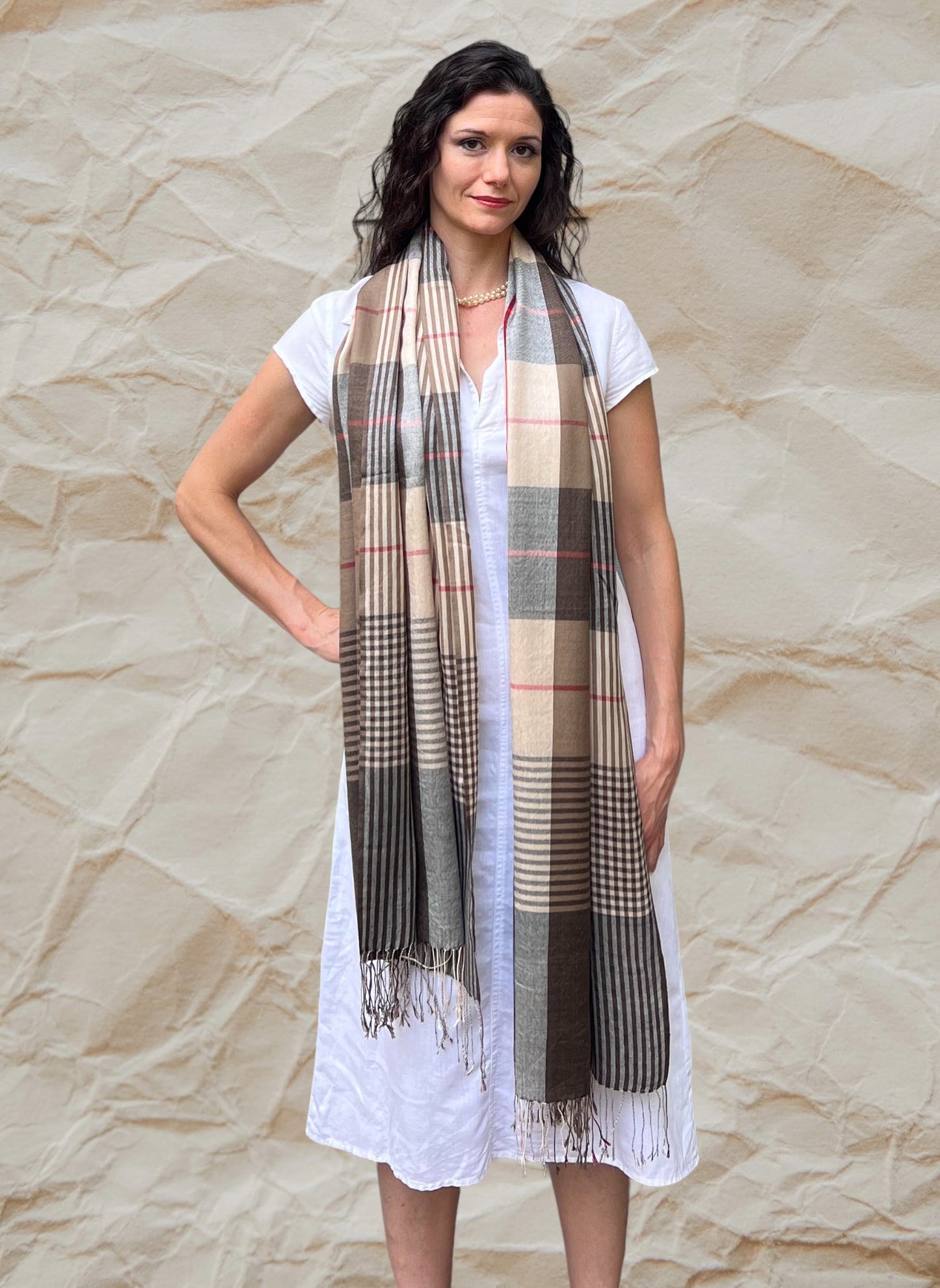 Hand loomed Brown Wool And Silk Check Scarf-1