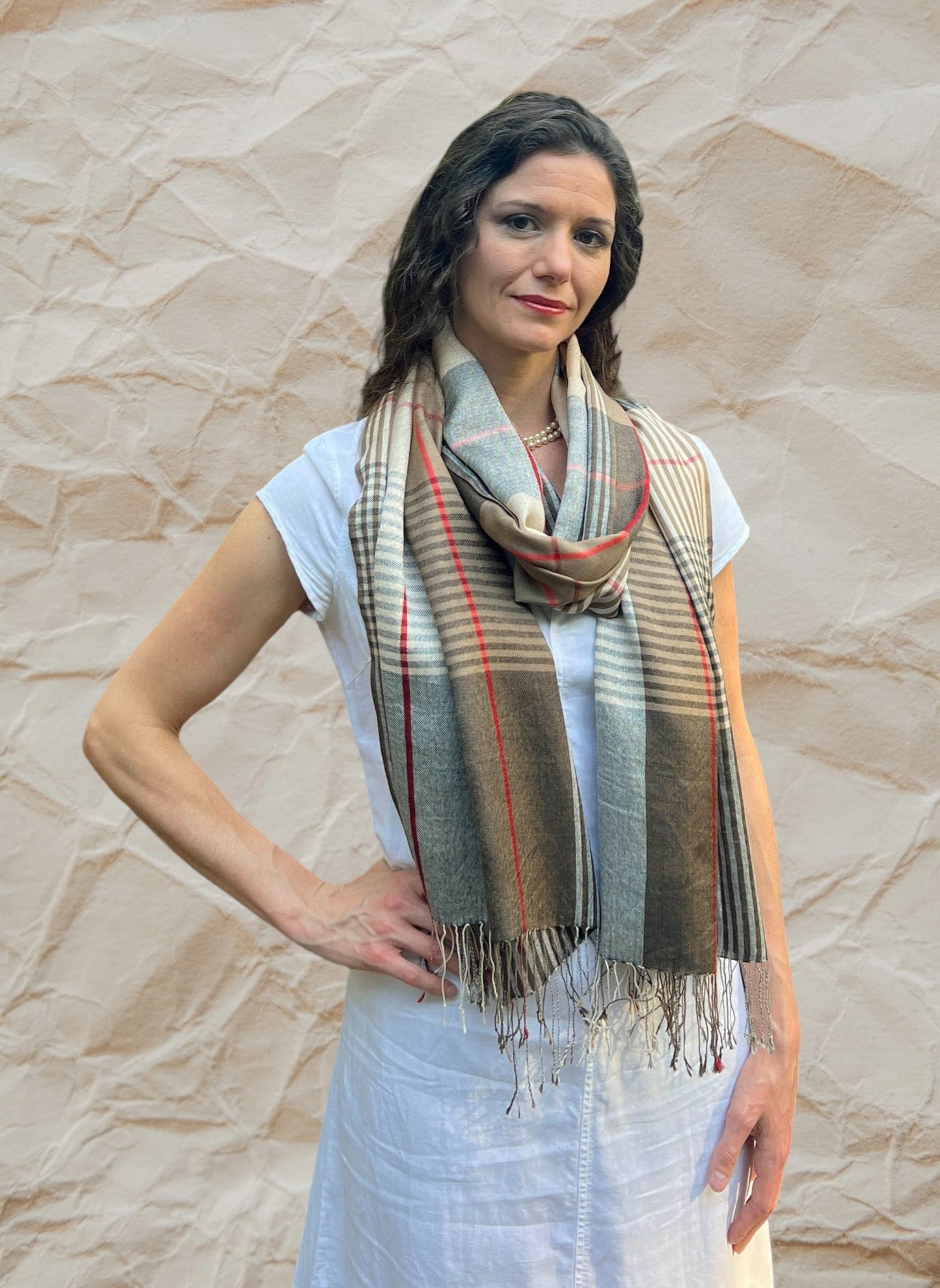 Hand loomed Brown Wool And Silk Check Scarf-0