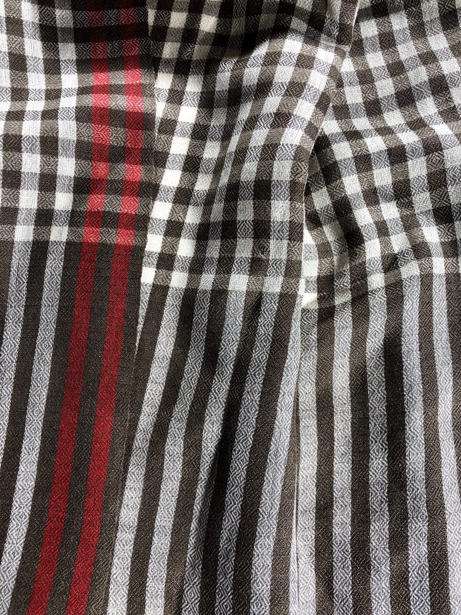 Hand Loomed Brown Wool And Silk Blend Check Scarf-2