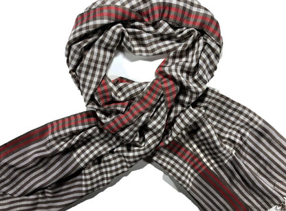Hand Loomed Brown Wool And Silk Blend Check Scarf-1