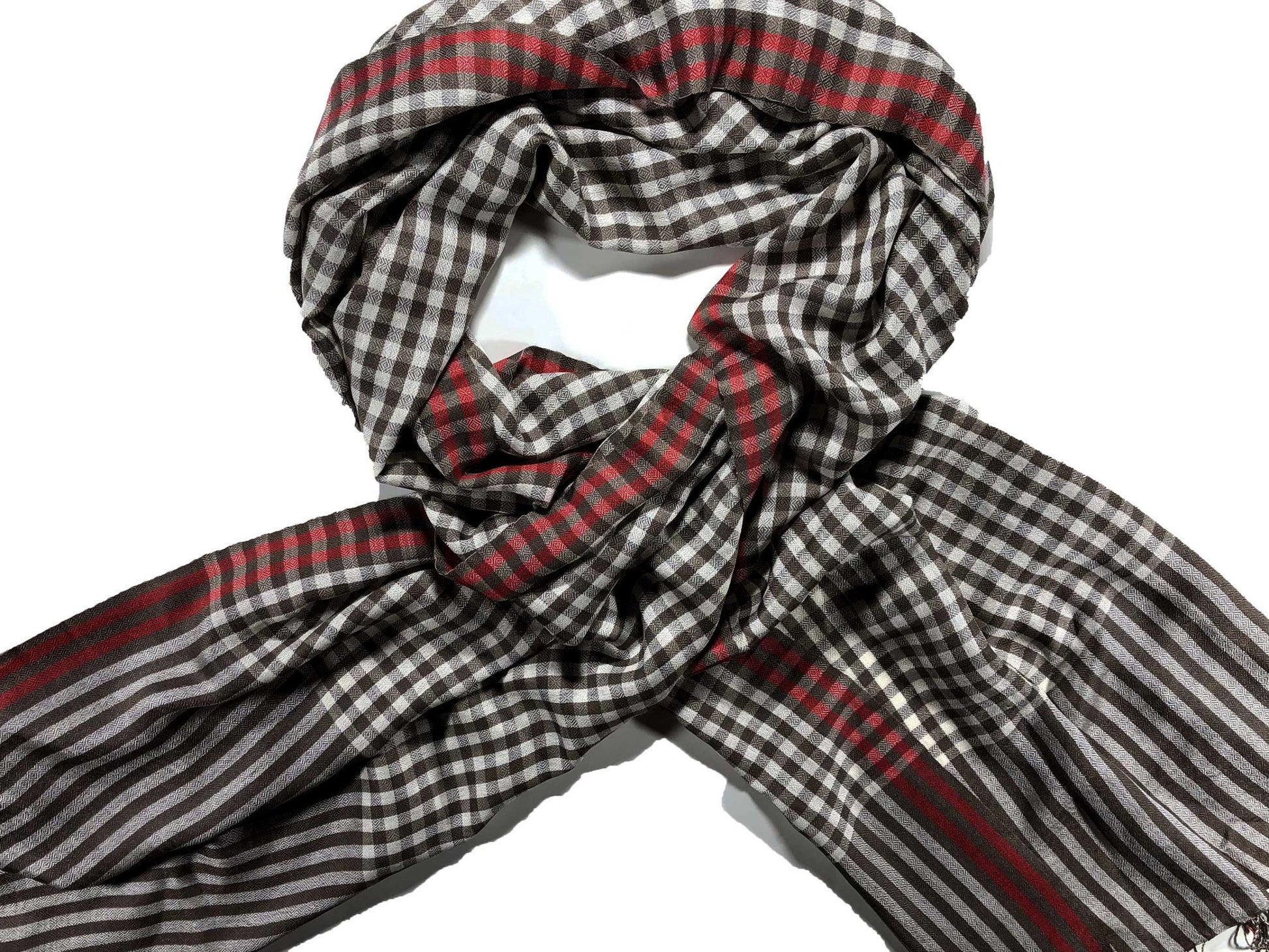 Hand Loomed Brown Wool And Silk Blend Check Scarf-0