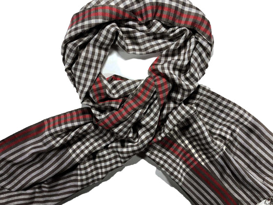 Hand Loomed Brown Wool And Silk Blend Check Scarf-0