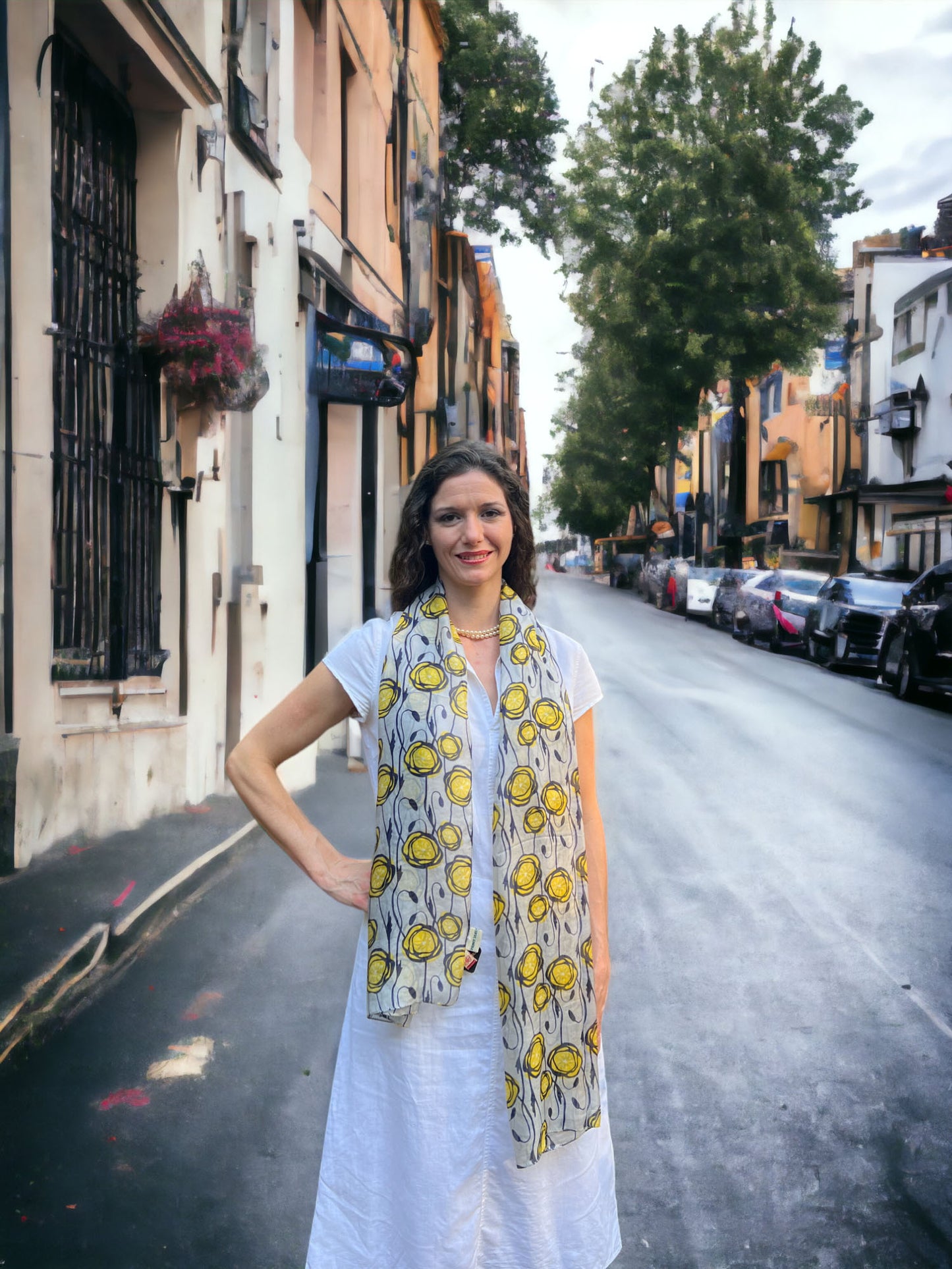 Gray and Yellow Tulip Silk Scarf-1