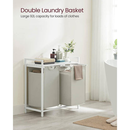 2-Basket Laundry Hamper Sorter White Frame Removable Bags and Top Storage Shelf-0