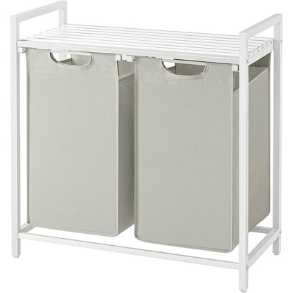2-Basket Laundry Hamper Sorter White Frame Removable Bags and Top Storage Shelf-2