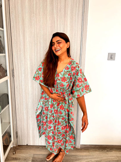 Blue Floral Cotton Kaftan Dress-4