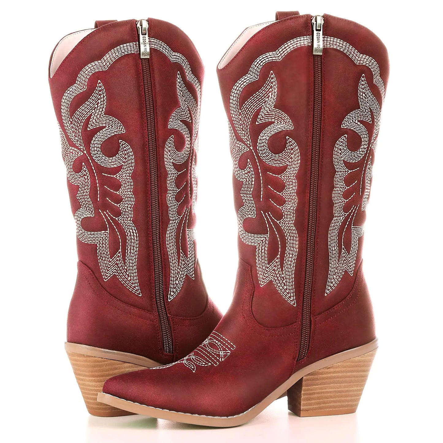 gioanroca Women Cowboy Boots Mid-Calf Embroidered Western Boots with Side Zippe Point Toe Retro Fashion Womens Cowgirl Boots