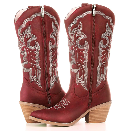 gioanroca Women Cowboy Boots Mid-Calf Embroidered Western Boots with Side Zippe Point Toe Retro Fashion Womens Cowgirl Boots