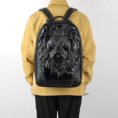 3D Leather Backpack 3D Lion Head Modeling outdoor Backpack Travel Computer Bags Small-6