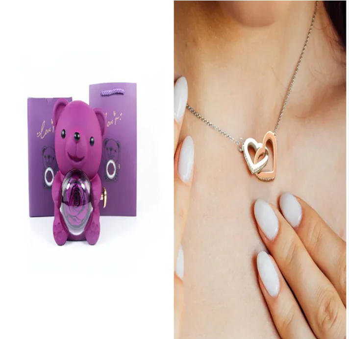 Eternal Rose Teddy Bear Gift Box with Necklace