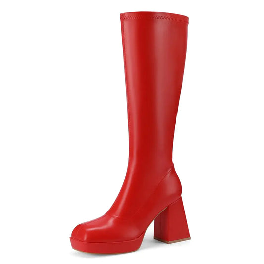 Kalstage Red Platform Boots for Women Chunky Platform Boots Knee High Boots Square Toe High Heels GoGo Boots Pull-on Block Heeled Mid Calf Boots