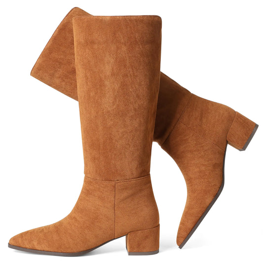 CYNLLIO Knee High Boots Women Pull on Brown Suede Boots Pointed Toe Wide Calf Tall Boots Winter Warm Long Boots Comfy Walking Office Shoes