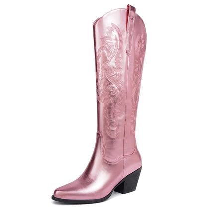 BIUBAKUA Pink Metallic Cowboy Boots for Women Western Embroidered Cowgirl Boots Pointed Toe Chunky Heel Knee High Boots with Side Zipper