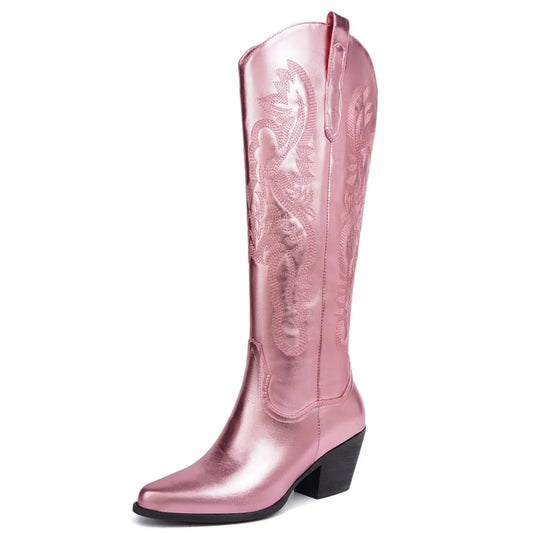 BIUBAKUA Pink Metallic Cowboy Boots for Women Western Embroidered Cowgirl Boots Pointed Toe Chunky Heel Knee High Boots with Side Zipper